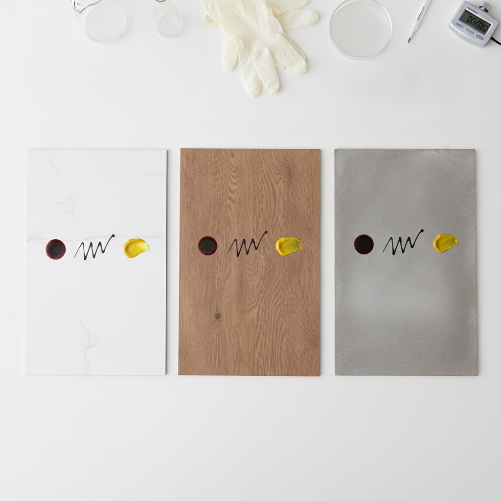 A top-down photo of a flooring experiment showing porcelain tile, luxury vinyl, and concrete samples, each with red wine, permanent marker, and mustard stains applied for a durability test.