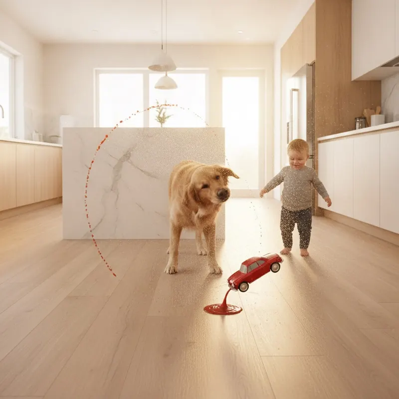 A modern kitchen with a durable SPC vinyl floor that remains perfect despite a dog, toddler, and food splash, symbolizing its suitability for high-traffic areas.