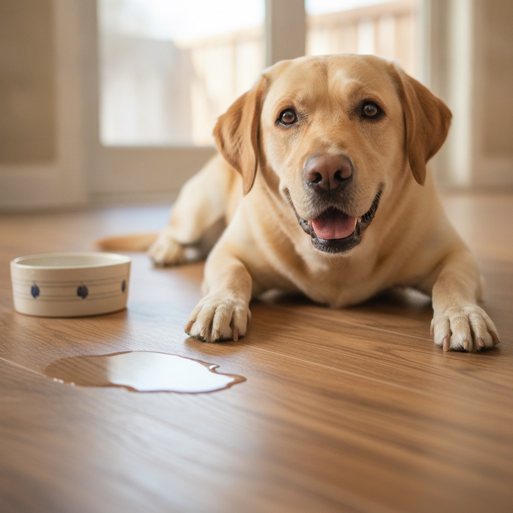 A happy Labrador retriever lies on a scratch-resistant floor next to a tipped water bowl, with the water pooled on the waterproof surface.