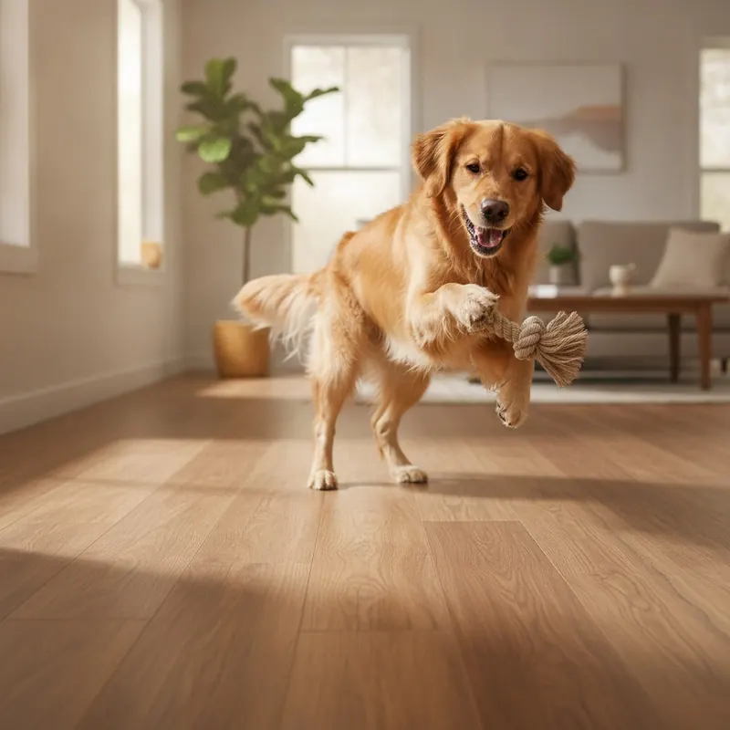 A warm, inviting, photorealistic shot of a happy golden retriever playing with a toy on a beautiful luxury vinyl plank floor. The floor is pristine, showing no signs of scratches from the dog's claws. The scene is brightly lit with natural light from a nearby window, emphasizing a clean and durable home environment. Composition: low-angle shot to focus on the interaction between the pet and the floor.