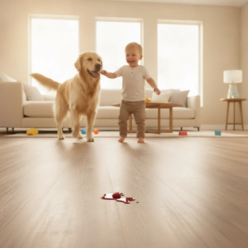 A golden retriever and a toddler playing on a scratch-free luxury vinyl plank floor, with a juice spill beading on the waterproof surface.