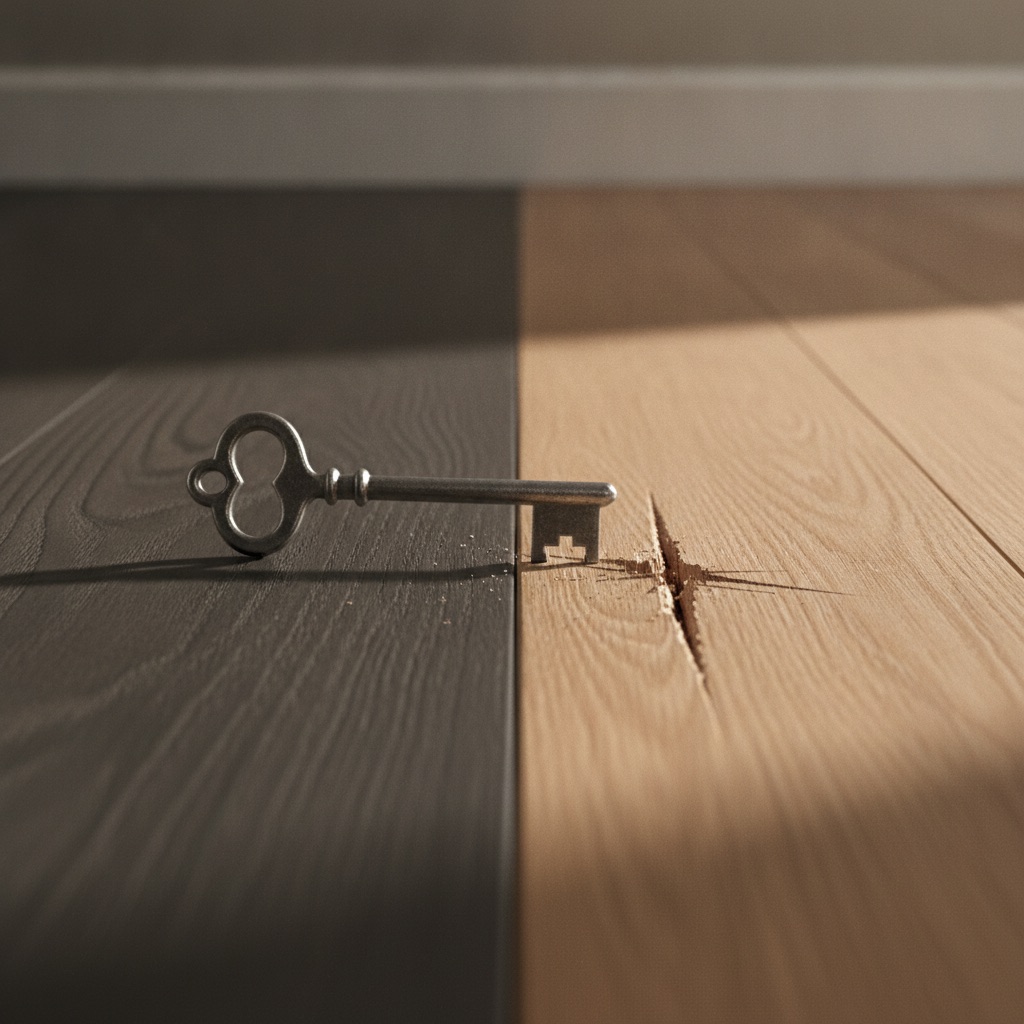 A close-up comparison of a metal key scratching a hardwood floor while leaving a high-quality LVP floor unmarked.