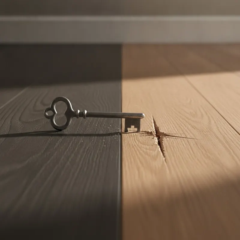 A close-up comparison of a metal key scratching a hardwood floor while leaving a high-quality LVP floor unmarked.