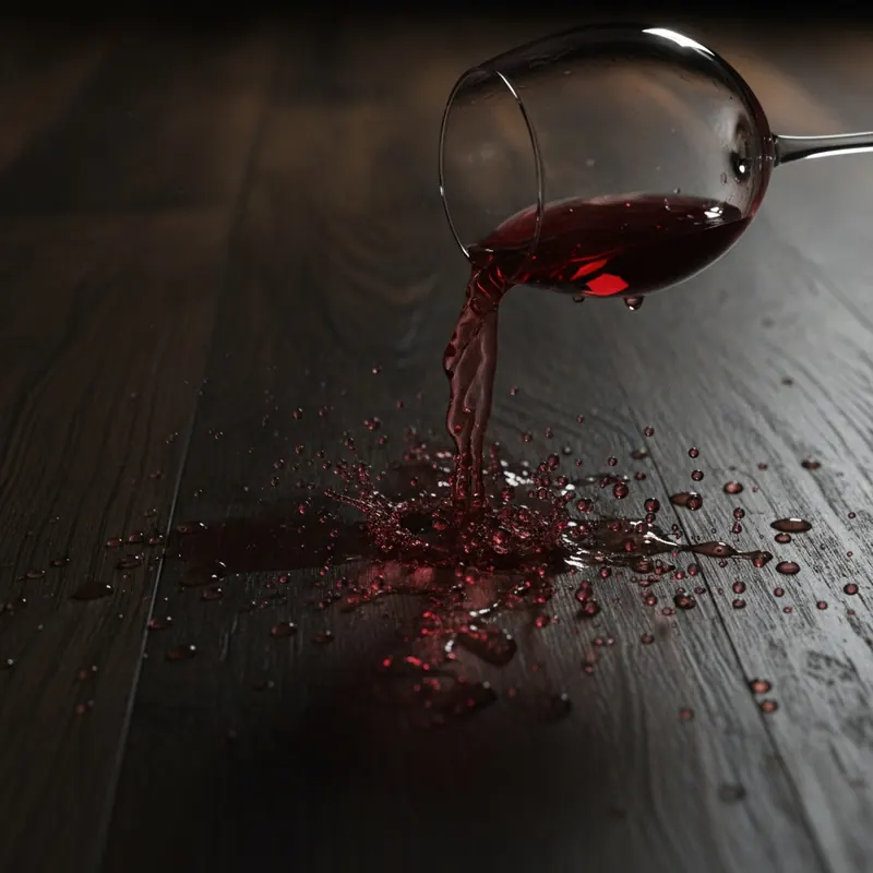 A glass of red wine spilling onto a waterproof Adamantine floor, with the liquid beading up on the surface to show its resistance.