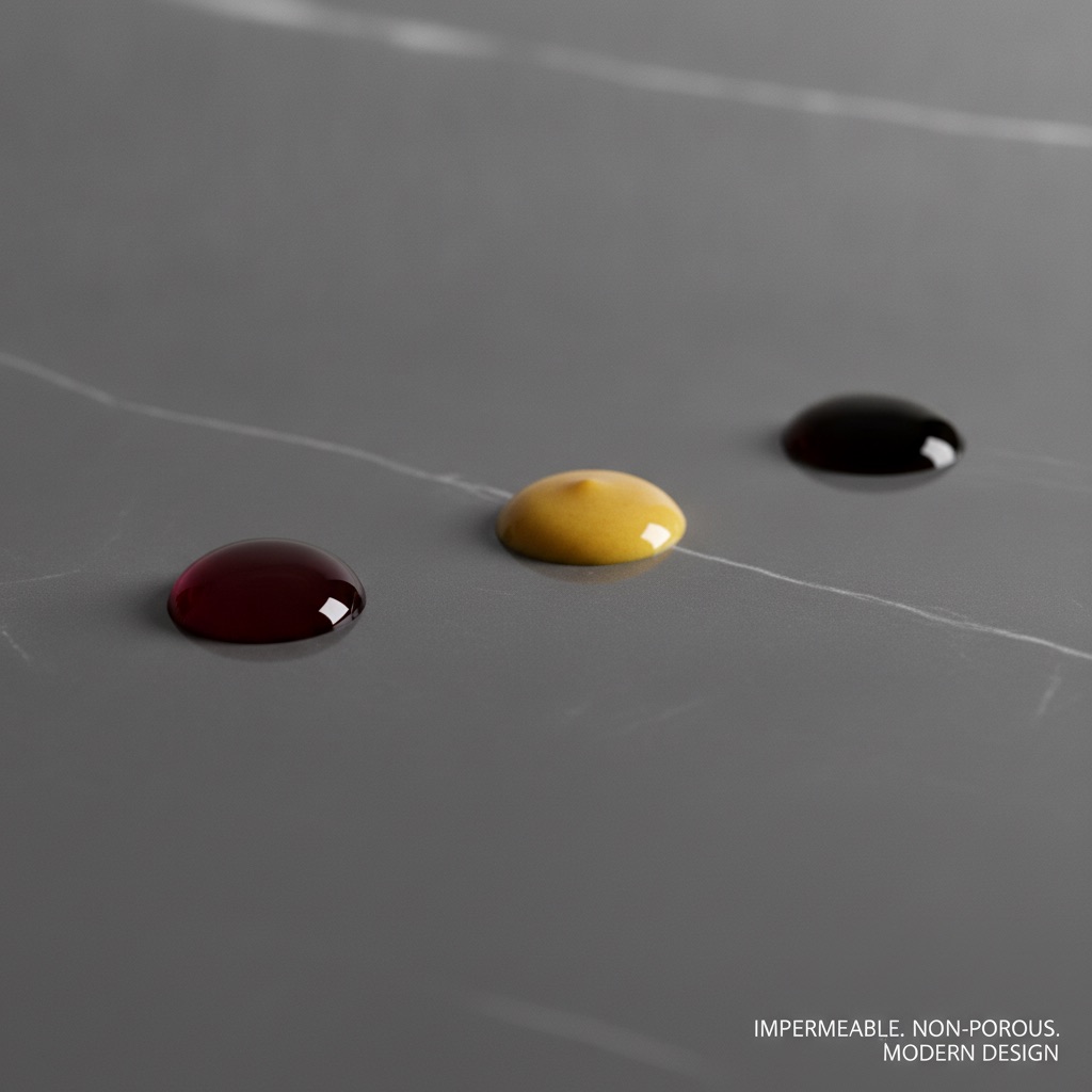 Droplets of red wine, mustard, and coffee beading up on a porcelain tile, demonstrating its stain-proof and impermeable surface.