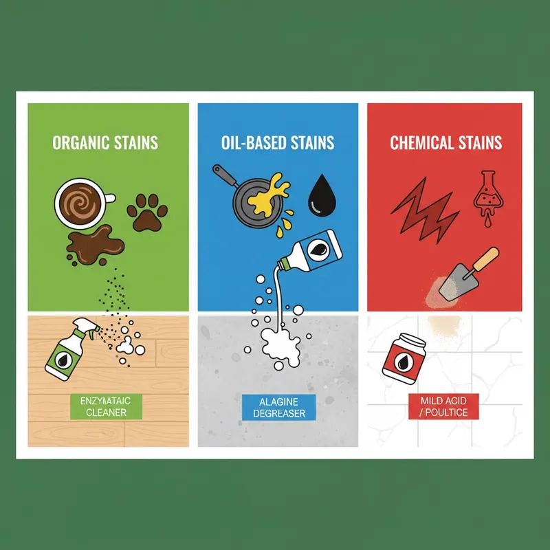 An infographic illustrating the 'Stain Removal Matrix' with three sections: Organic, Oil-Based, and Chemical stains, showing appropriate cleaning agents for each.