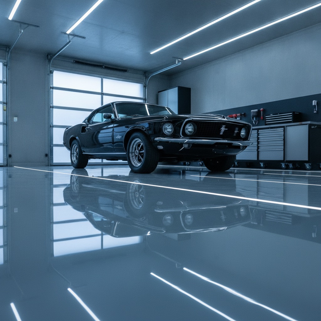 A cinematic, wide-angle shot of a modern garage with a high-gloss grey epoxy floor, perfectly reflecting a classic muscle car parked on it.