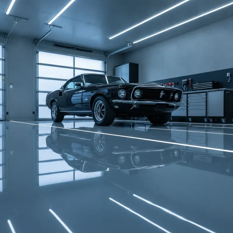 A cinematic, wide-angle shot of a modern garage with a high-gloss grey epoxy floor, perfectly reflecting a classic muscle car parked on it.