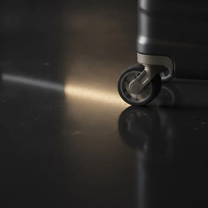 Macro photograph of a flawless, dark Adamantine floor, with a luggage wheel rolling just above it to demonstrate its superior scratch resistance and luxury finish.
