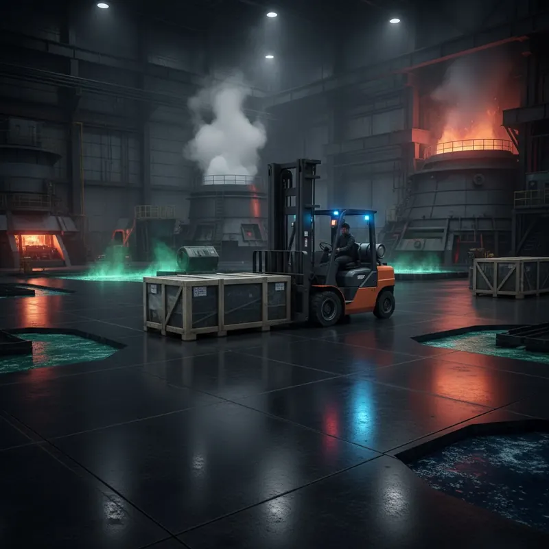 A powerful, industrial-themed image showcasing an 'adamantine' floor. The floor should appear incredibly robust, perhaps with a subtle metallic sheen or a highly polished, seamless finish. In the foreground, a heavy-duty forklift or industrial machinery is operating, with a hint of chemical spills or extreme temperatures (e.g., steam) in the background, yet the floor remains immaculate and undamaged. Emphasize strength, resilience, and a 'zero-failure' look. Style: photorealistic, industrial, high-contrast, slightly dramatic lighting.