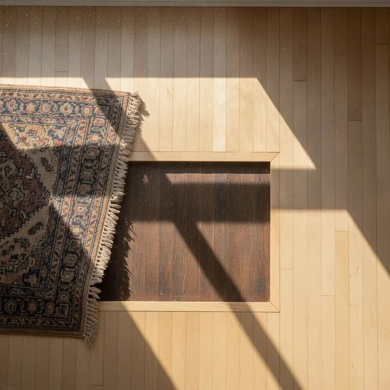 A dramatic top-down view of a hardwood floor showing a stark, unfaded rectangle where a rug used to be, contrasting with the sun-bleached wood around it.