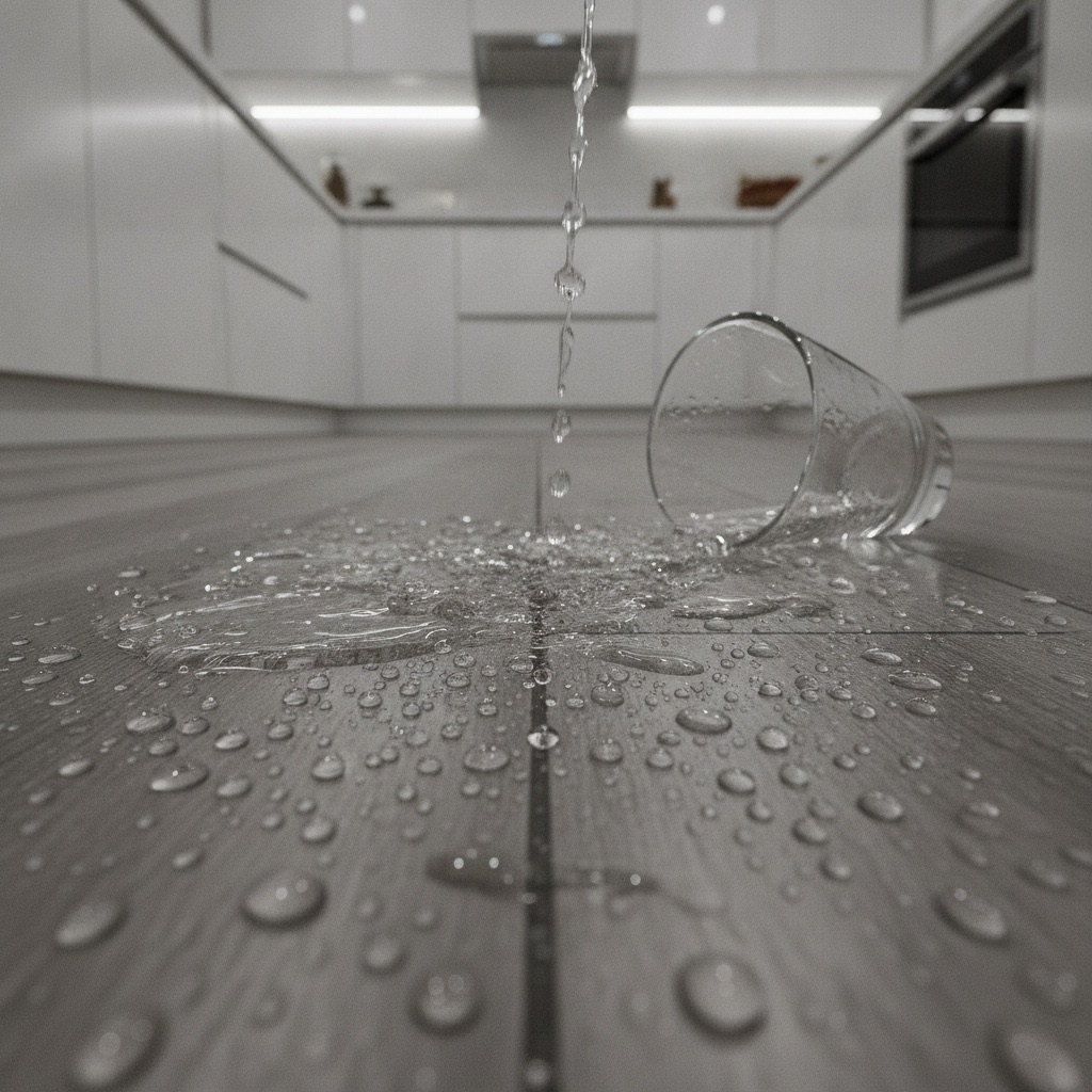 A photorealistic shot of water beaded up on the surface of waterproof SPC vinyl flooring, demonstrating its impermeability.