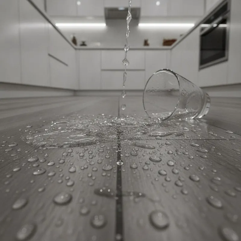 A photorealistic shot of water beaded up on the surface of waterproof SPC vinyl flooring, demonstrating its impermeability.
