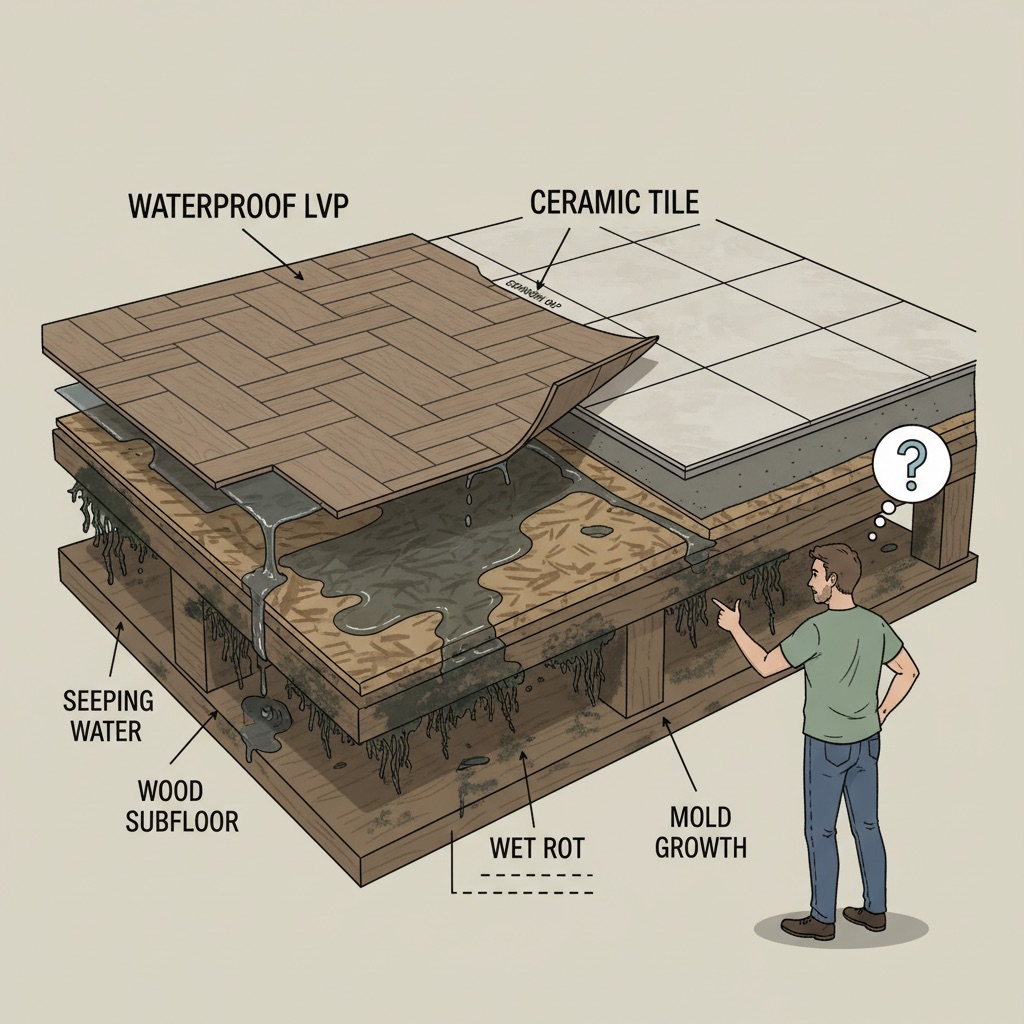 A detailed, cutaway illustration of a residential floor. On the left, a section of 'waterproof' luxury vinyl plank (LVP) or ceramic tile flooring appears to be intact on the surface, but beneath it, water is visibly seeping through expansion gaps and seams, causing dark, wet rot and fuzzy mold growth on the exposed wood subfloor. On the right, a homeowner looks confused or frustrated, pointing at the seemingly fine surface while unaware of the hidden damage.
