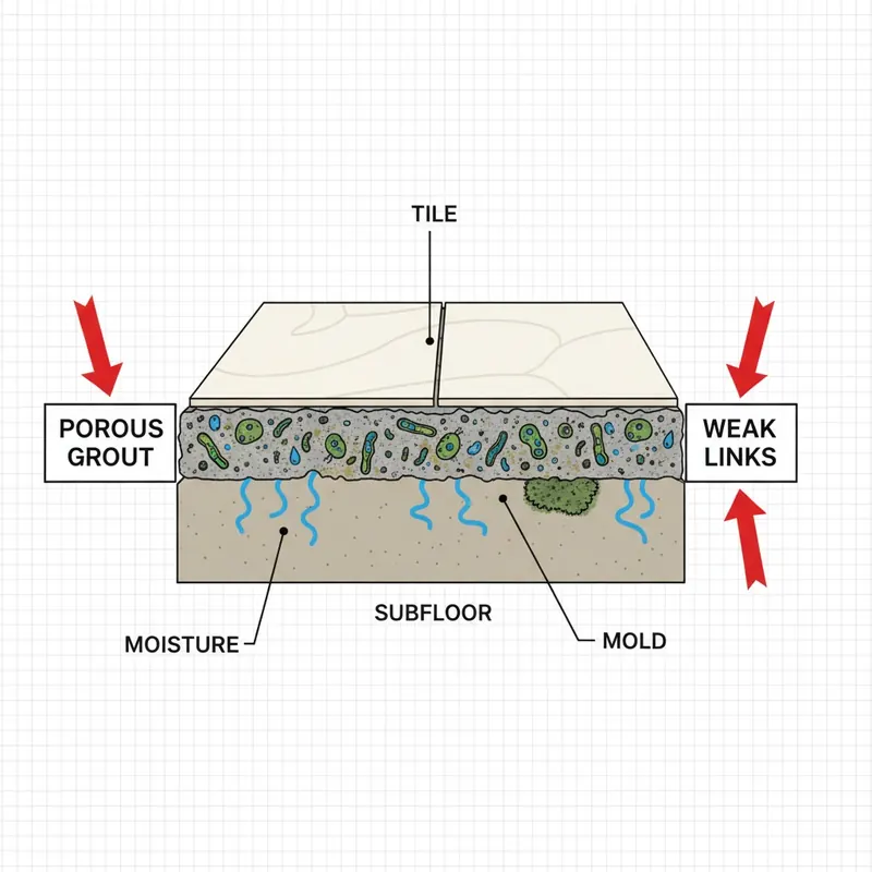 A cross-section illustration of a tiled floor showing pristine tile, but porous and discolored grout trapping bacteria and moisture, with subfloor moisture wicking upwards causing mold growth beneath the tile.