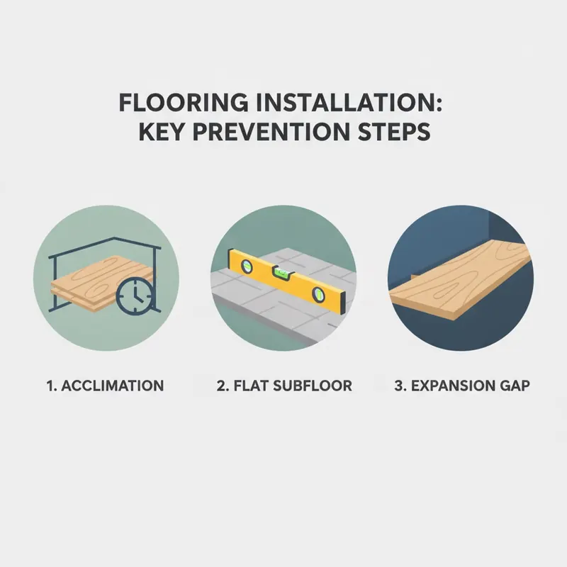 Infographic showing three keys to floor installation: Acclimation, a Flat Subfloor, and an Expansion Gap.