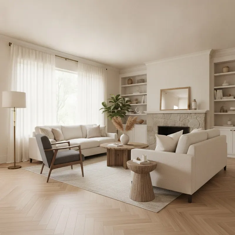A sun-drenched living room with timeless decor, featuring a light oak herringbone LVP floor that enhances the bright and elegant atmosphere.