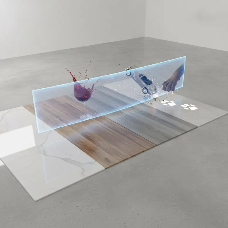 A 3D render of four durable flooring types—porcelain tile, LVP, laminate, and concrete—protected by a shield from spills, drops, and pet claws.