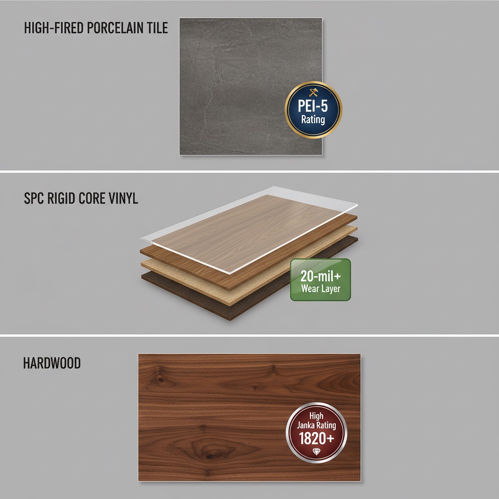 Infographic showing high-fired porcelain tile with PEI-5 rating, SPC rigid core vinyl with 20-mil+ wear layer, and hardwood with high Janka rating.