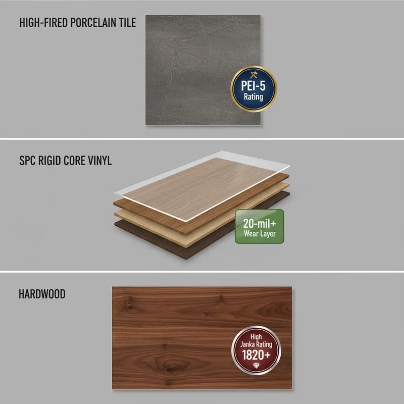 Infographic showing high-fired porcelain tile with PEI-5 rating, SPC rigid core vinyl with 20-mil+ wear layer, and hardwood with high Janka rating.