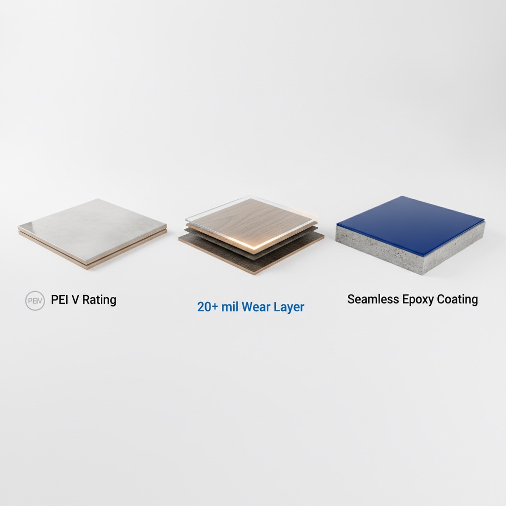 A product showcase of top abrasion-resistant flooring materials, including a cross-section of porcelain tile, luxury vinyl plank with a thick wear layer, and a seamless epoxy coating.