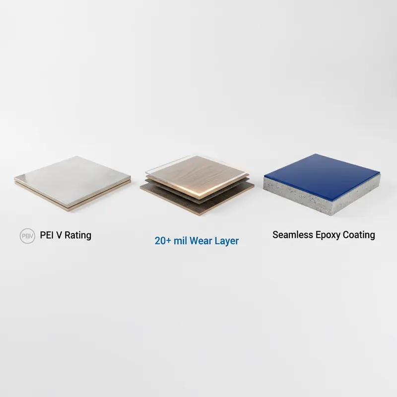 A product showcase of top abrasion-resistant flooring materials, including a cross-section of porcelain tile, luxury vinyl plank with a thick wear layer, and a seamless epoxy coating.