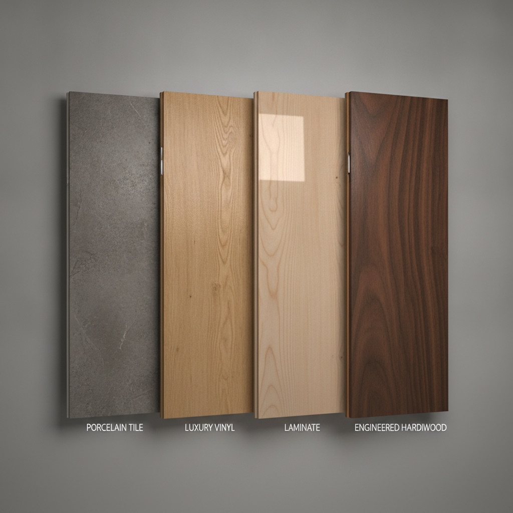 Comparison of four durable flooring samples: porcelain tile, luxury vinyl plank, laminate, and engineered hardwood, shown side-by-side.
