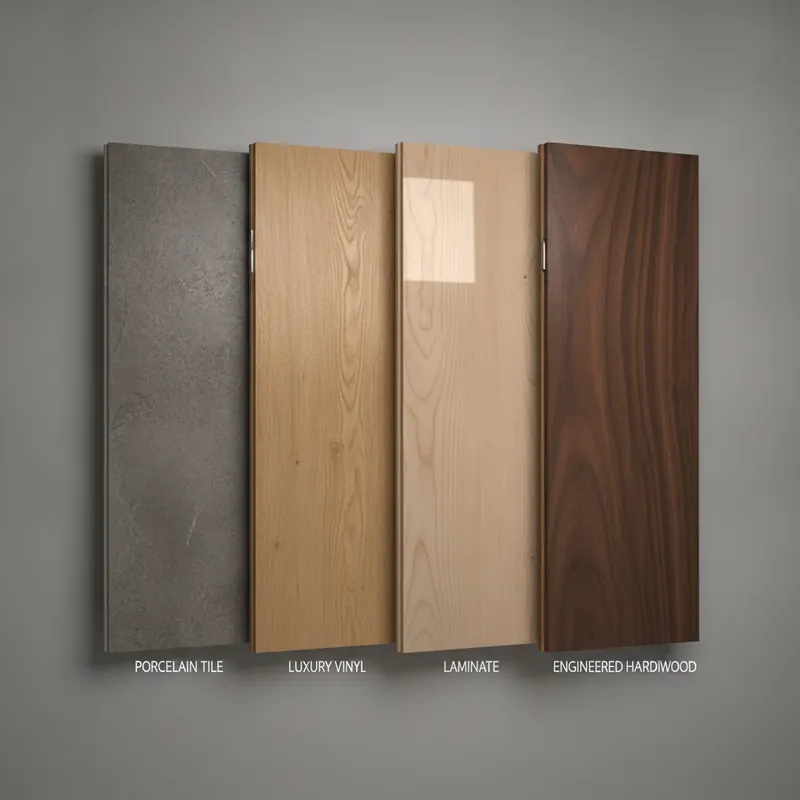 Comparison of four durable flooring samples: porcelain tile, luxury vinyl plank, laminate, and engineered hardwood, shown side-by-side.