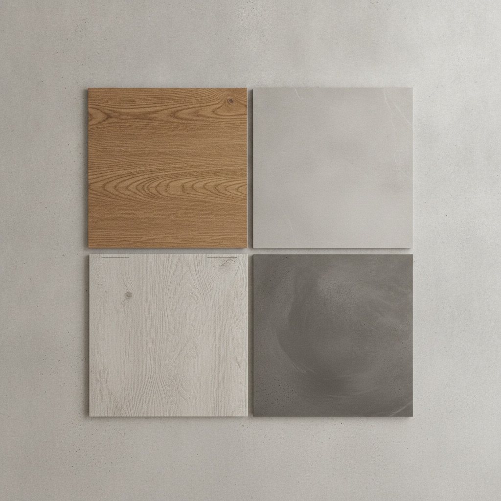 A top-down view of four durable flooring samples: luxury vinyl plank, porcelain tile, laminate, and sealed concrete.