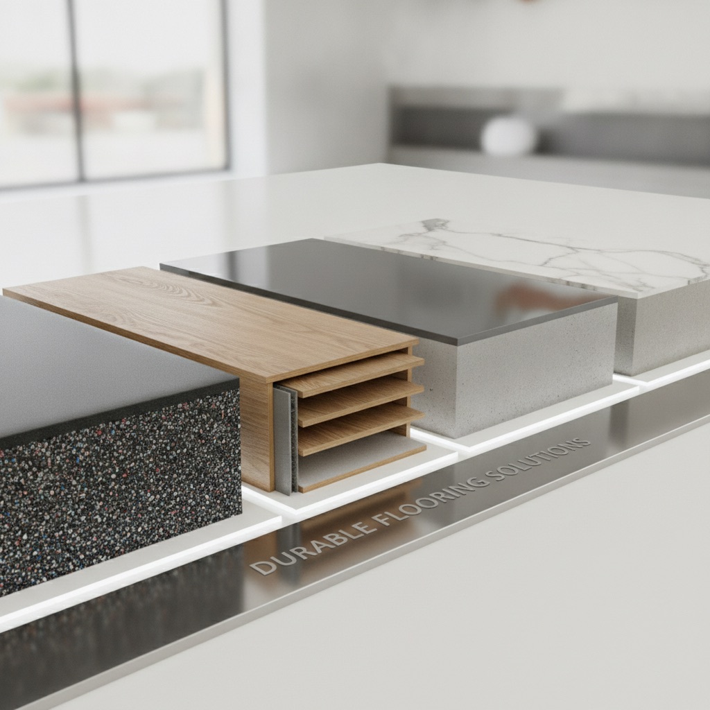 A lineup of durable flooring samples including rubber, luxury vinyl plank, epoxy-coated concrete, and porcelain tile.