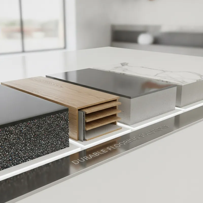 A lineup of durable flooring samples including rubber, luxury vinyl plank, epoxy-coated concrete, and porcelain tile.