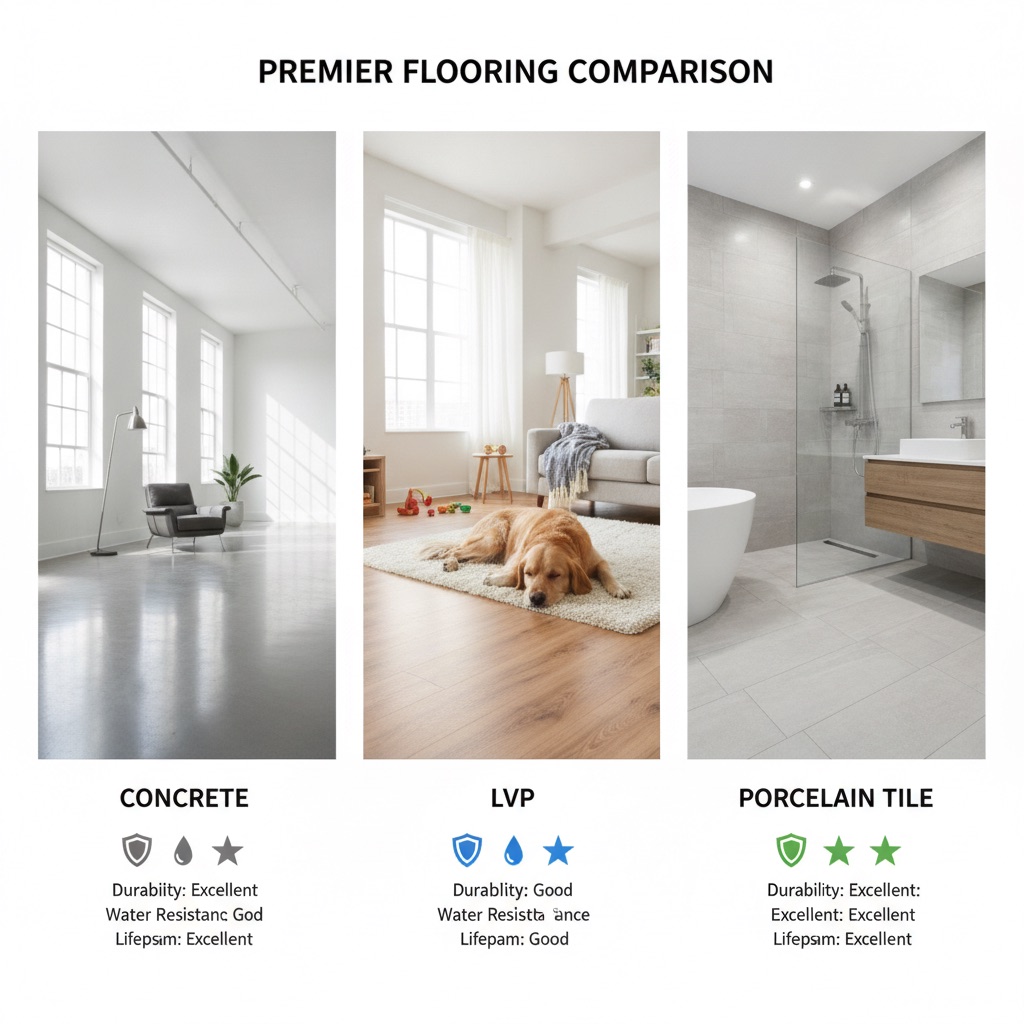 A visual comparison of top durable flooring contenders: polished concrete, luxury vinyl plank, and porcelain tile.