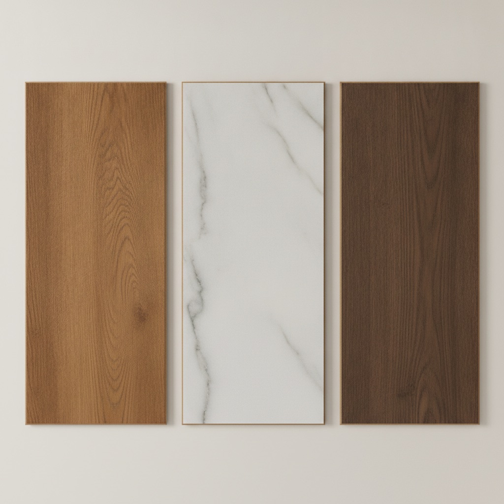 A top-down view of three durable flooring samples: a luxury vinyl plank, a porcelain tile, and a high-performance laminate plank.