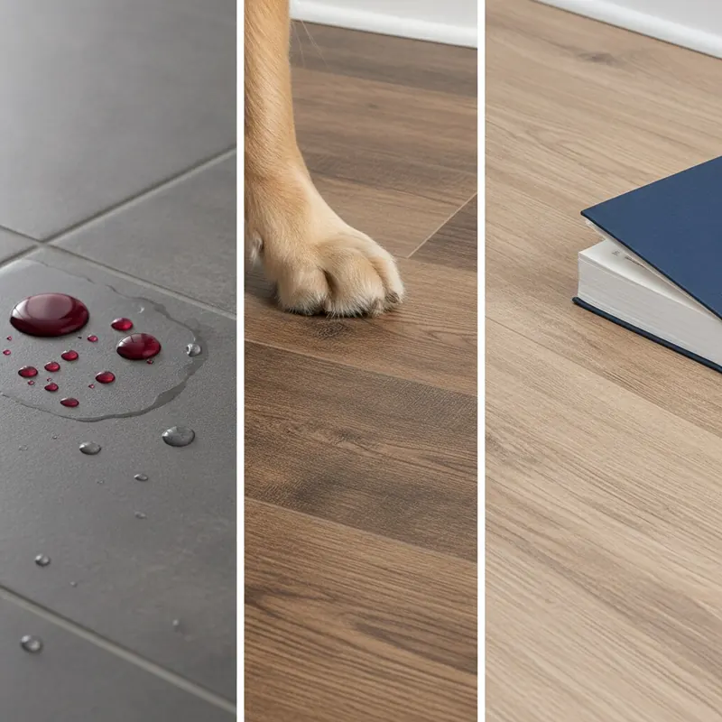 A dynamic triptych composition showcasing the top durable flooring types in action. Left panel: A macro shot of dark red juice spilling and beading up on the surface of a modern, grey porcelain tile floor. Center panel: A close-up of a dog's paw resting on a textured luxury vinyl plank (LVP) floor, with no marks or scratches. Right panel: A heavy hardback book that has fallen open on a high-performance laminate floor, showing no dent or mark. The style is a clean, bright, high-end product photography aesthetic.
