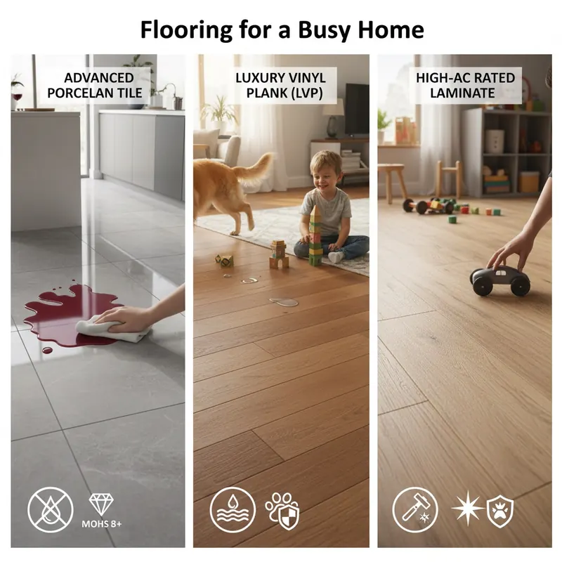 A dynamic, split-panel illustration showcasing three distinct flooring types. Panel 1: Advanced Porcelain Tile, with a spilled red wine pooling on its surface, easily wiped away, emphasizing stain resistance and high Mohs hardness. Panel 2: Luxury Vinyl Plank (LVP), with a child playing and a pet running, highlighting its waterproof, softer underfoot feel and dent resistance. Panel 3: High-AC Rated Laminate, with a dropped toy or heavy object, showing its superior dent and scratch resistance compared to natural hardwood. Each panel should have subtle icons representing its key benefit.