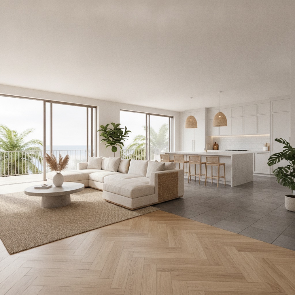 A bright, modern living room with light oak luxury vinyl plank flooring that transitions to slate-gray porcelain tiles in an open-plan kitchen, showcasing beautiful flooring options for humid climates.