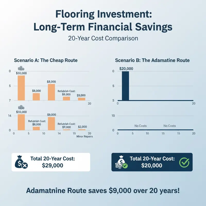 Infographic comparing two financial timelines over 20 years: 'Cheap Route' with multiple smaller cost spikes totaling higher, versus 'Adamantine Route' with one larger initial cost and no further costs, showing long-term savings.
