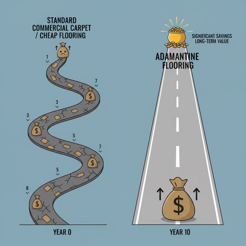 A compelling visual metaphor comparing two paths over a 10-year timeline. Path 1 (left) is a winding, bumpy, and frequently patched road representing 'Standard Commercial Carpet' or 'Cheap Flooring,' with small, recurring money bags indicating frequent replacement and maintenance costs. Path 2 (right) is a smooth, wide, and solid highway representing 'Adamantine Flooring,' with a larger initial investment indicated by a bigger money bag at the start, but then a clear, unobstructed path with no further costs, leading to a significant pot of gold or large savings at the end. Style: illustrative, clear iconography, clean lines, financial metaphor.