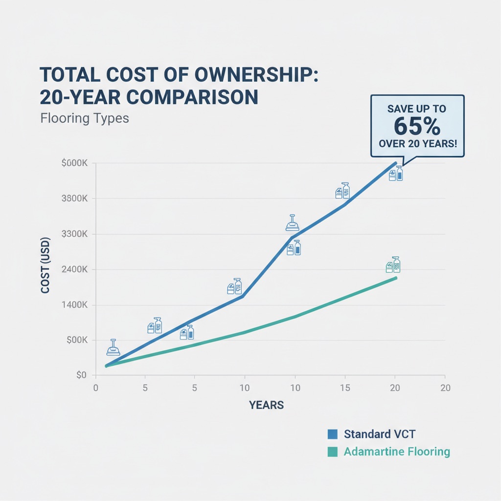 Infographic chart comparing Total Cost of Ownership over 20 years: Standard VCT costs rise steeply while Adamantine Flooring costs remain low and flat.