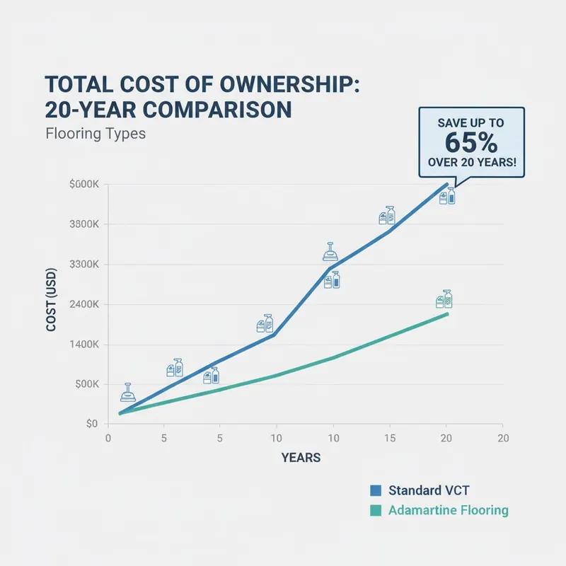 Infographic chart comparing Total Cost of Ownership over 20 years: Standard VCT costs rise steeply while Adamantine Flooring costs remain low and flat.