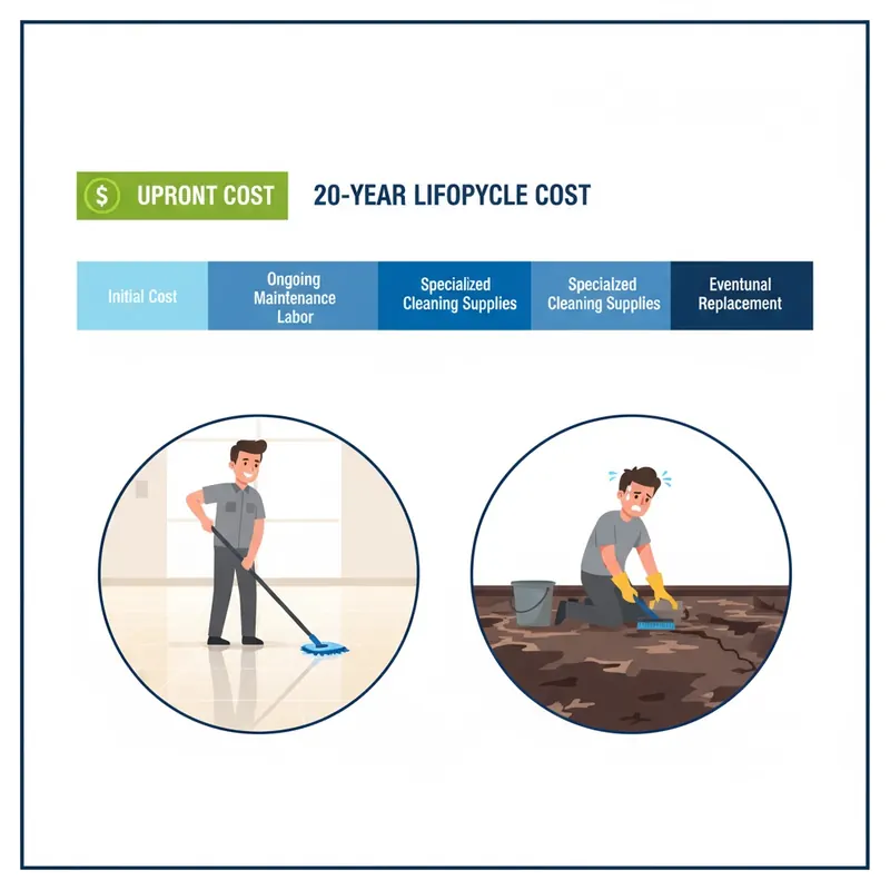 An infographic-style illustration depicting the 'Total Cost of Ownership' for flooring over a 20-year lifecycle. On the left, a small, vibrant bar labeled 'Upfront Cost' with a dollar sign. On the right, a much larger, segmented bar labeled '20-Year Lifecycle Cost,' clearly showing segments for initial cost, ongoing maintenance labor, specialized cleaning supplies, and eventual replacement. Below this, contrast two scenes: a person effortlessly cleaning a pristine, seamless, easy-to-maintain floor with a microfiber mop, next to a heavily damaged, peeling, and stained floor requiring intense, costly repair work.