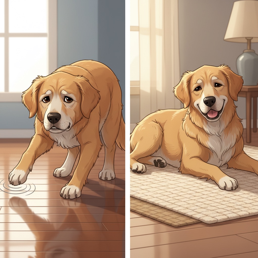 Illustration showing a dog struggling on a slippery floor (splayed paws) versus comfortably walking on a textured, non-slip surface or rug, emphasizing joint health.