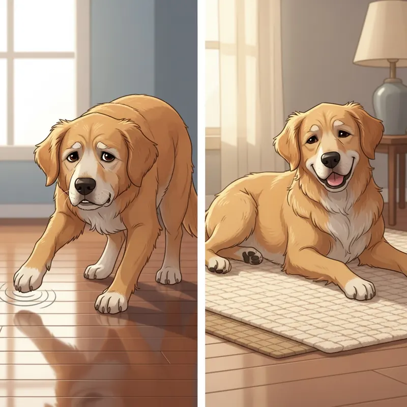 Illustration showing a dog struggling on a slippery floor (splayed paws) versus comfortably walking on a textured, non-slip surface or rug, emphasizing joint health.