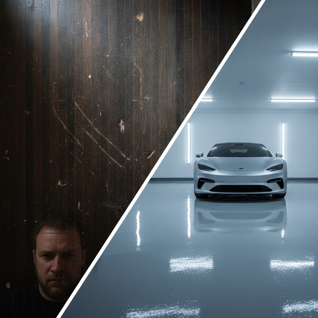 Split-screen image contrasting a worn, damaged hardwood floor on the left with a bright, flawless epoxy-coated garage floor on the right.