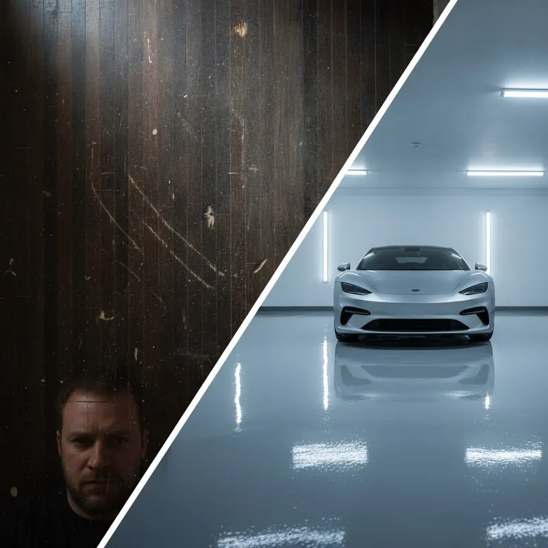Split-screen image contrasting a worn, damaged hardwood floor on the left with a bright, flawless epoxy-coated garage floor on the right.