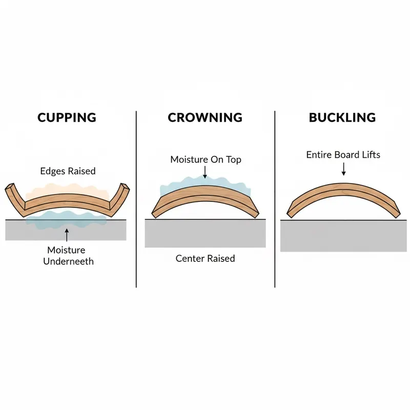 A clear, side-by-side diagram illustrating three types of warped floorboards: Cupping, Crowning, and Buckling. Each diagram should show a cross-section of a floorboard. For Cupping, depict the edges raised with moisture underneath. For Crowning, show the center raised with moisture on top. For Buckling, illustrate the entire board lifting significantly from the subfloor. Use simple, clean lines and subtle color differences to highlight the warping.