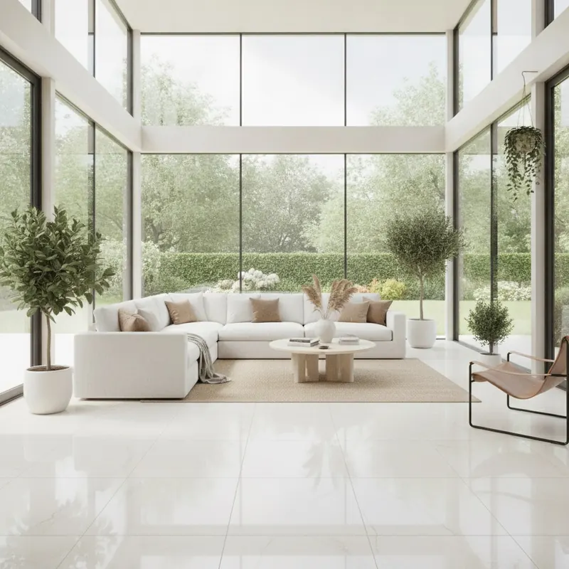 A bright, modern sunroom with large windows and a beautiful, light-colored porcelain tile floor that remains unfaded in the abundant sunlight.