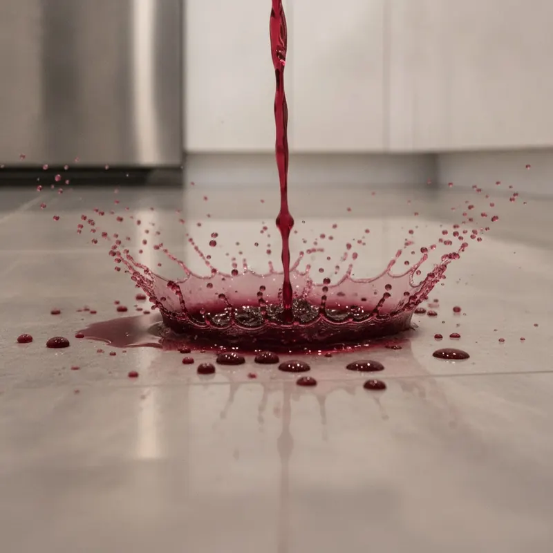 Close-up of red wine splashing onto a porcelain tile floor, beading up on the surface to demonstrate its stain-proof quality.