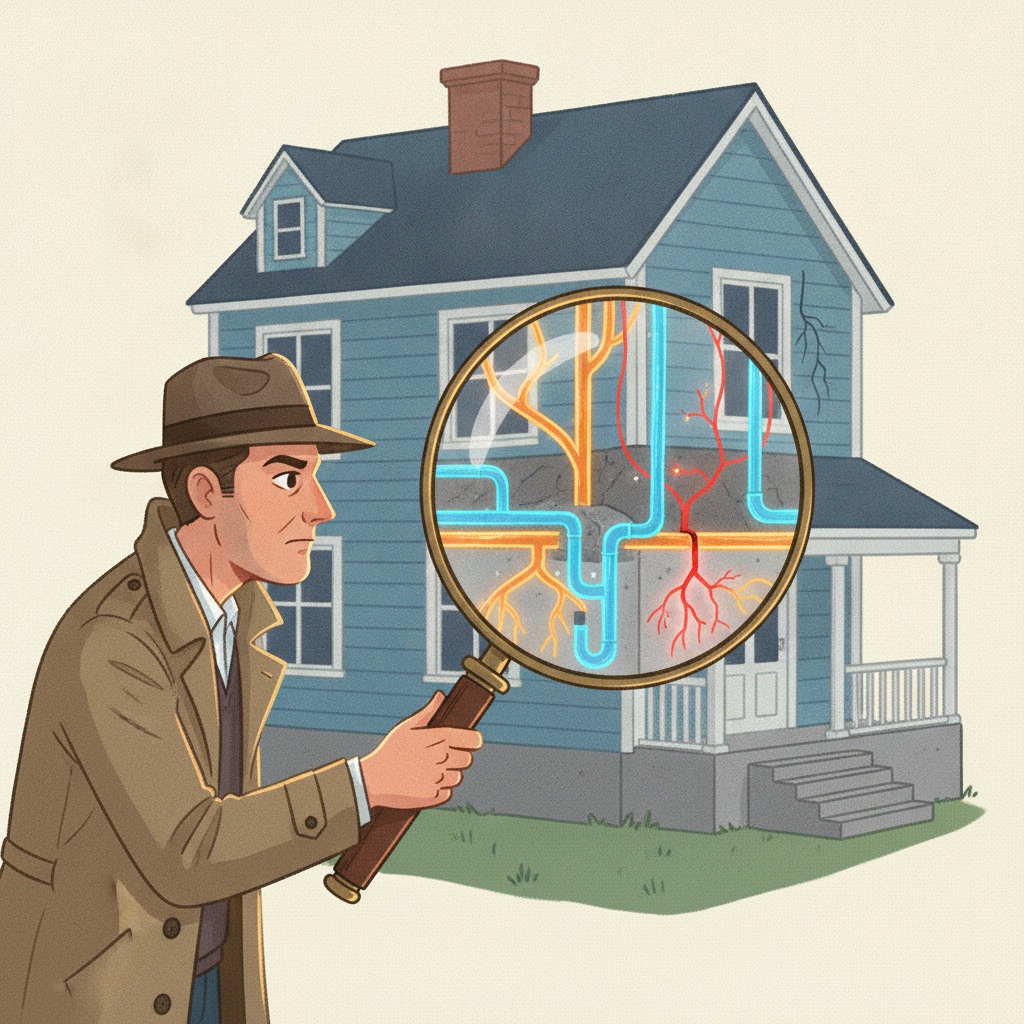 A homeowner depicted as a detective inspects their house with a magnifying glass, which reveals an X-ray view of a small foundation crack as the root cause of a larger wall crack.