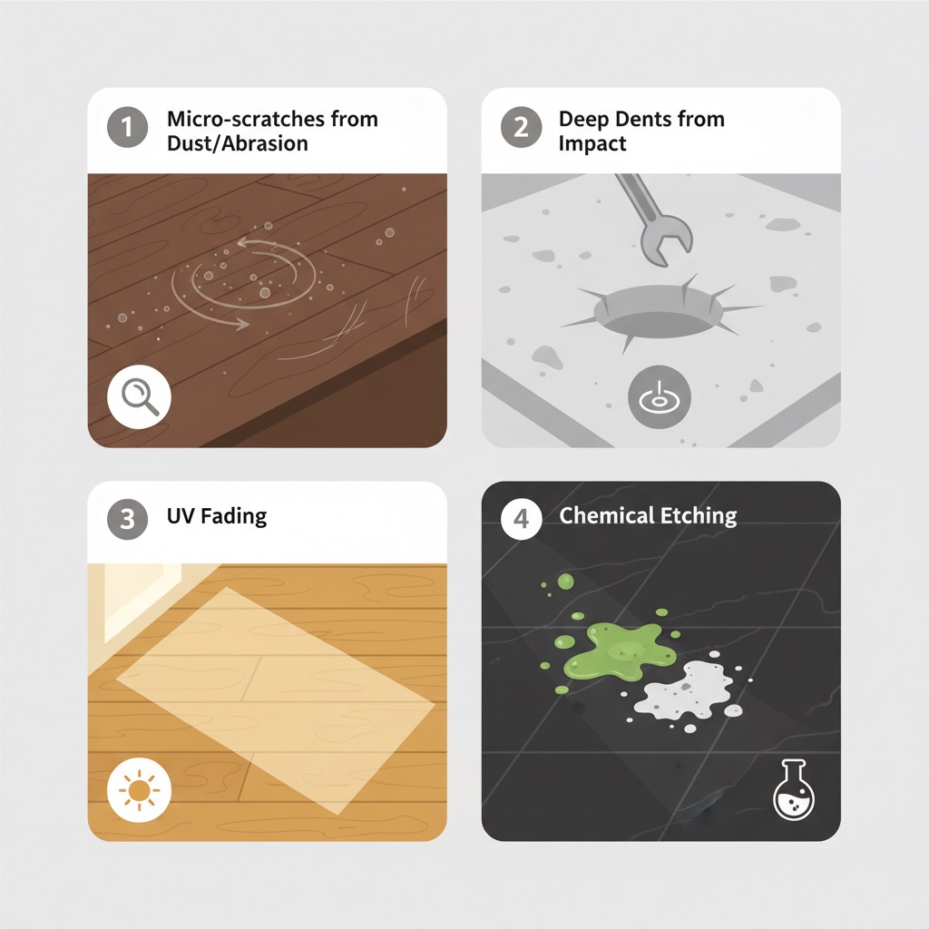 An illustrative infographic-style image depicting various types of floor damage. Show distinct sections for: 1) Micro-scratches from dust/abrasion (magnified view of tiny particles on a surface), 2) Deep dents from impact (a dropped object creating a clear dent), 3) UV fading (a sunbeam hitting a floor, showing a faded patch where a rug was), and 4) Chemical etching (a drop of harsh cleaner leaving a mark). Use clear icons or subtle visual cues for each type. Style: clean, modern flat design with subtle textures, informative.